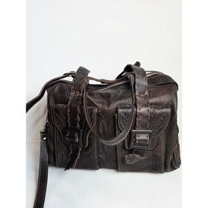J L Saldivar Leather Western Tooled Shoulder Tote LARGE Bag 14" BoHo Brown Cross